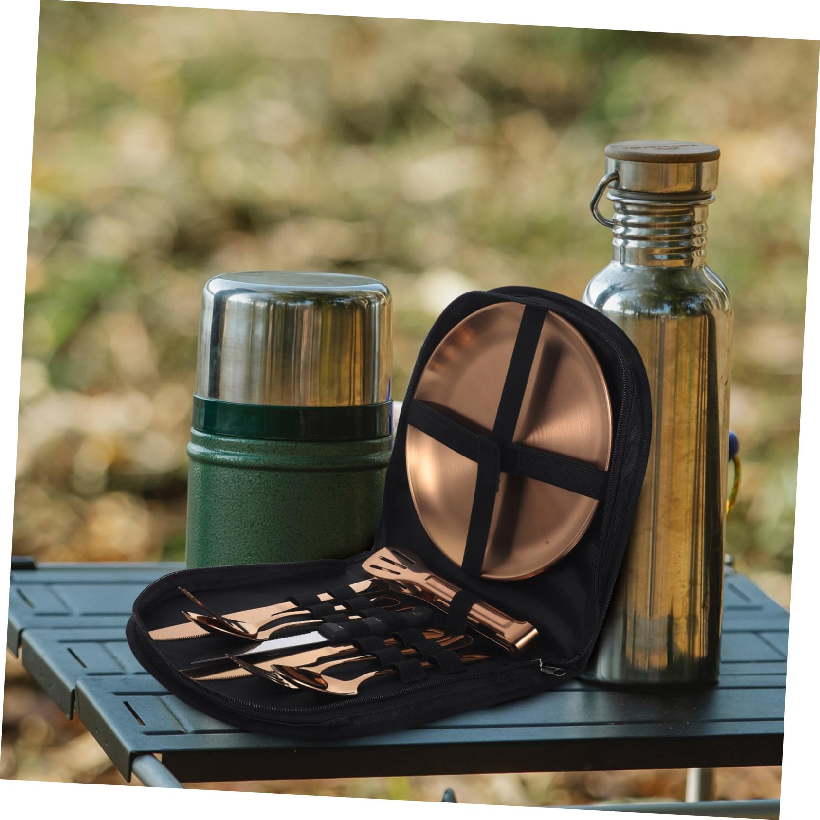 Edelstahl Outdoor Besteck 1 Satz mit Etui, Tragbares Essgeschirr | 1 Satz, Aufbewahrungstasche und Trageetui, Ergonomische Form, Leicht zu Reinigen, Elegant für Draußen
