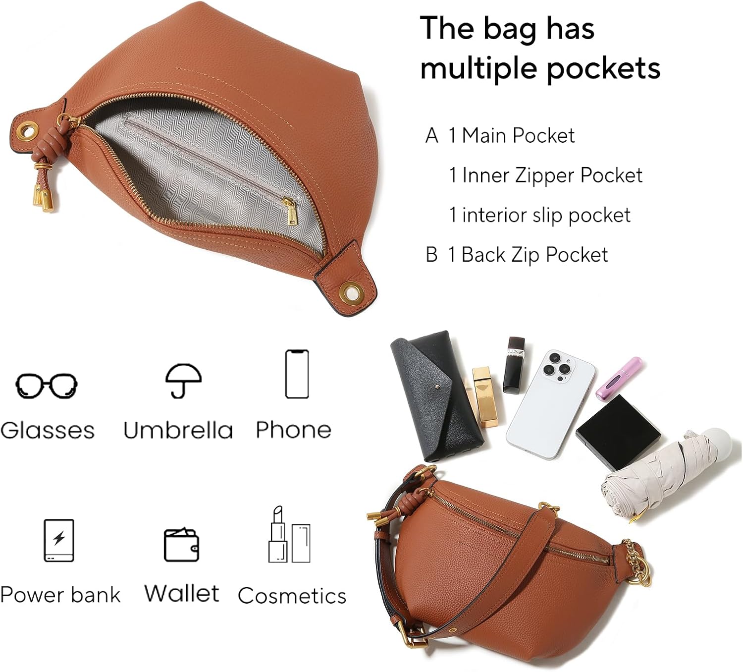 Genuine Leather Waist Packs for Women, Fashion Fanny Pack Belt Bag, Luxury Designer Trendy Crossbody Bag, Festival Bum Bags for Sports Traveling Running With Chain Straps (Brown) - Image 3