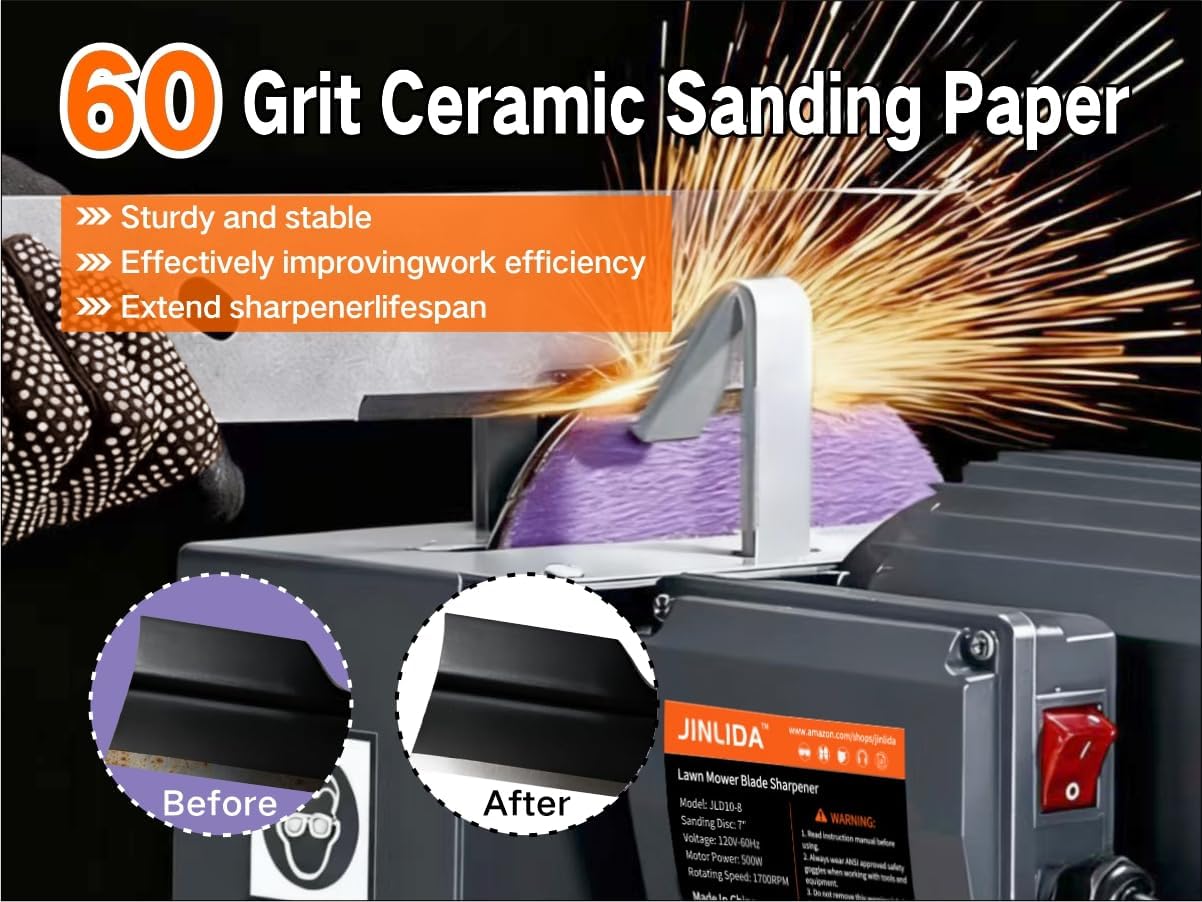 JLD10-9 Lawn Mower Blade Sharpener, 1HP 750W Lawn Lawnmower Blade Grinder with 9-inch Ceramic Grinding Wheel and Balancer and 5 Sanding Discs