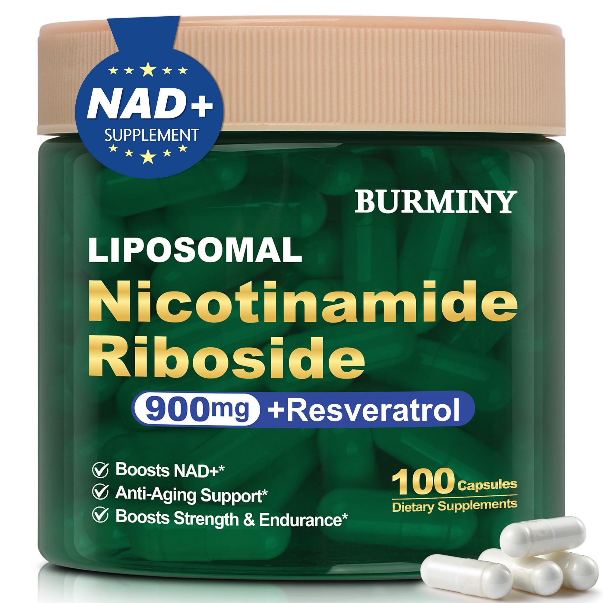 BURMINY NAD Supplement, NAD Nicotinamide Riboside 900mg - NMNH Supplement Alternative - High Purity Liposomal NAD+ Supplements with Resveratrol for Anti-Aging, Energy, Focus - 100 Capsules