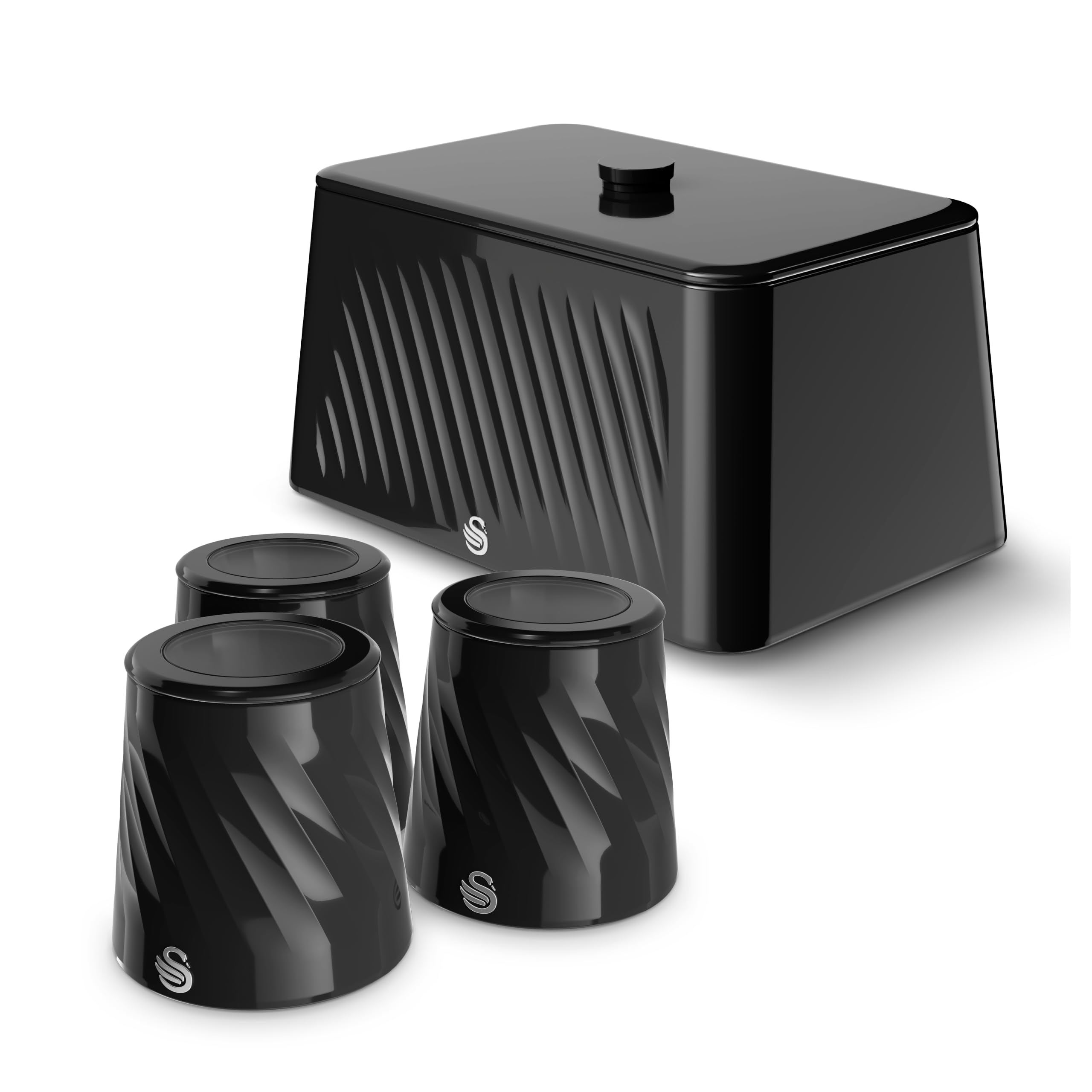 Swan Windsor Kitchen Storage Bundle with 16L Bread Bin and Set of 3 Kitchen Storage Canisters, Black, EEJB447