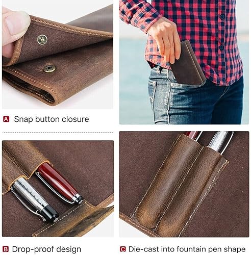 Miniatura 5 de UCCKEYI Cuero genuino 2 ranuras pluma estilográfica caja de almacenamiento bolsa botón cierre regalo