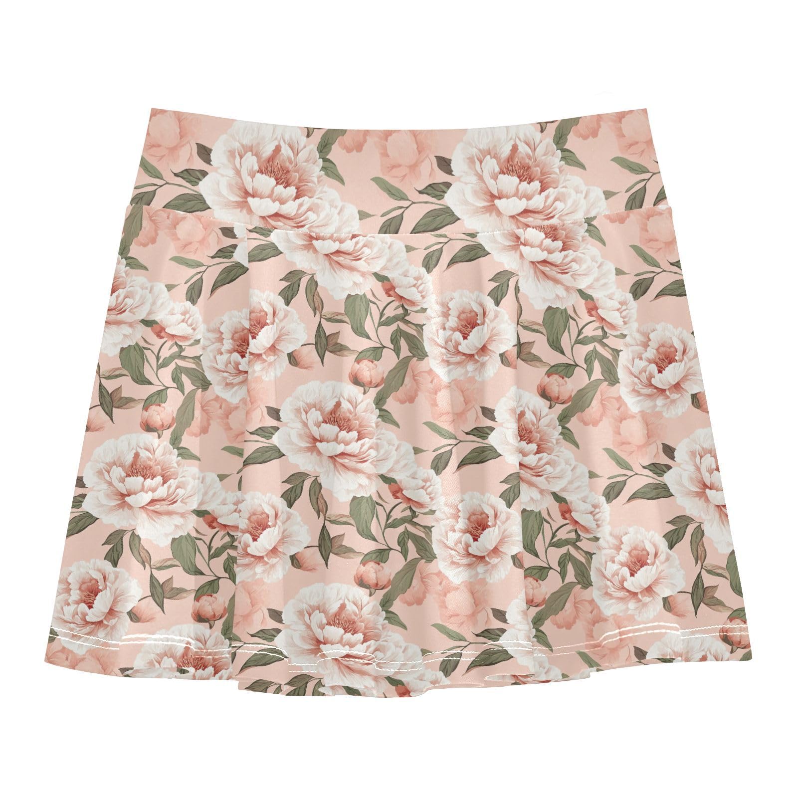 JUNZAN Vintage Peonies Tennis Skirts for Girls with Shorts Kids Pleated Skort with Pockets Flowy Little Girl Skorts