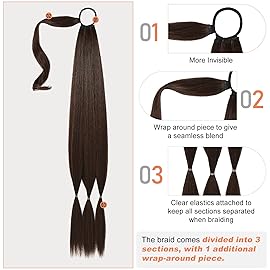 SEIKEA Upgraded Long Braid Ponytail Extension with Elastic Tie Straight Sleek Wrap Around Braid Hair Extensions Ponytail Black Mixed with Browns 34 Inch (After Braided 30 Inch)