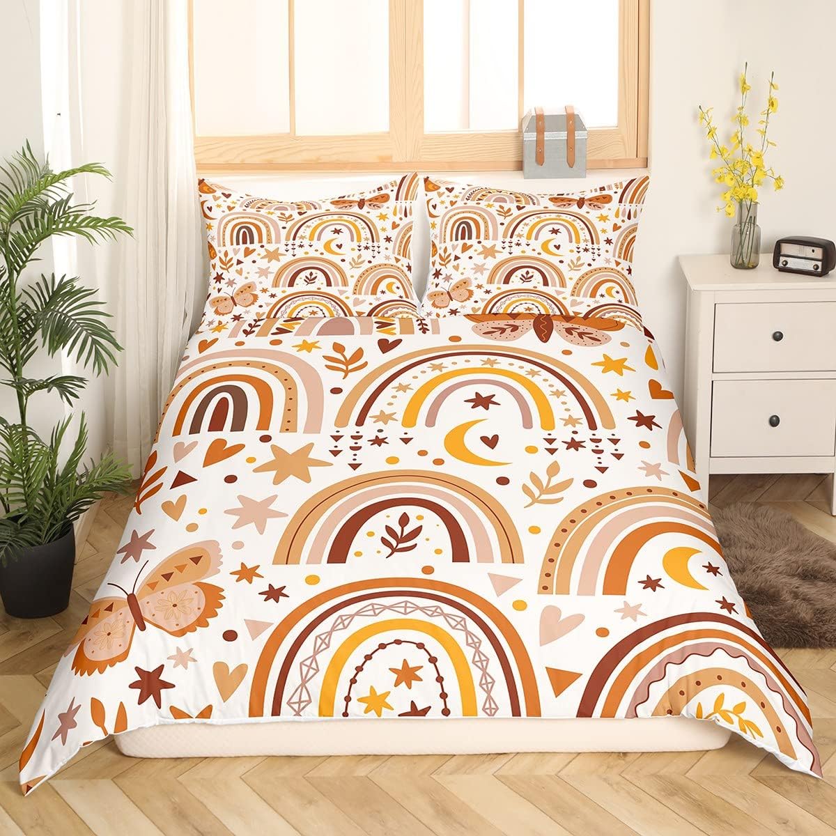 Girls Rainbow And Butterfly Bedding Sets Twin Size Kids Boho Stars Moon Comforter Cover Bohemian Botanical Leaf Duvet Cover Pastel Brown Color Love Hearts Bed Set 1 Pillow Case(No Comforter)