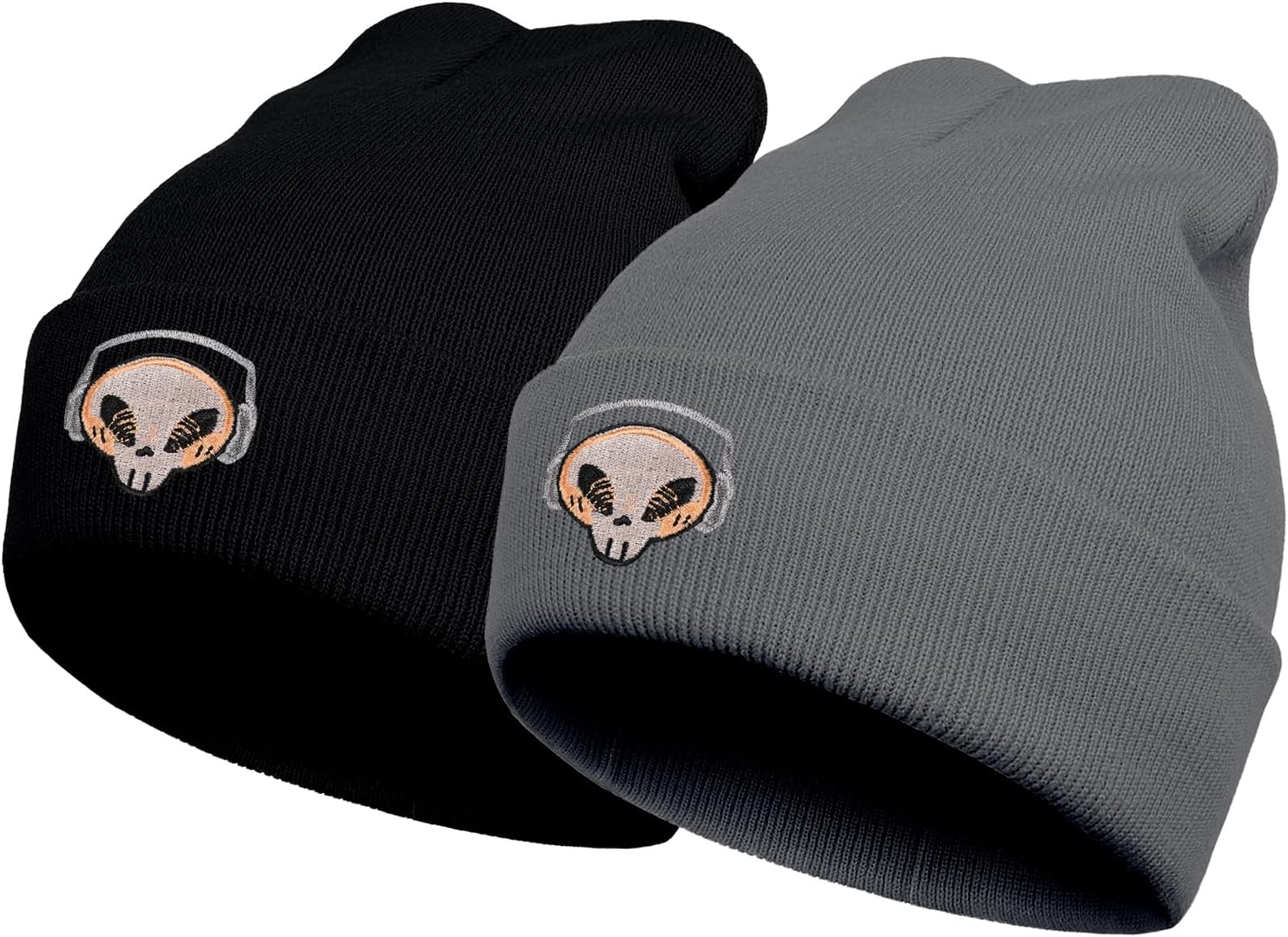 Black Graphic Beanie Hat for Men Women Winter Knit Cuffed Embroidery Skull Cap