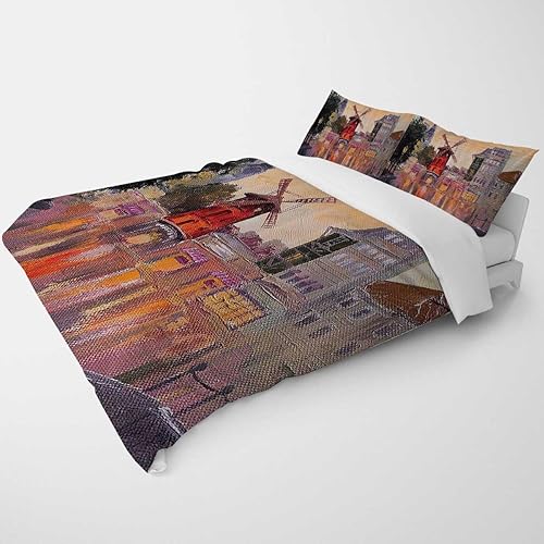 Twin Size Duvet Cover Double European Cityscape Decor Collection Patterned Autumn Bedding Sets Zipper Closure (Twin,68" W X 90" L)