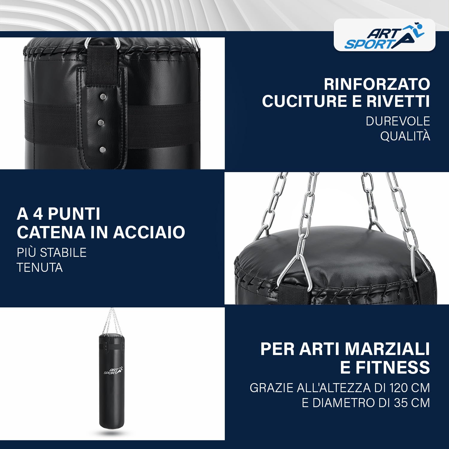 ArtSport Sacco da Boxe - Kit con Catena in Acciaio & Girella - Sacco da Pugilato Sospeso per Boxe & Kickboxing