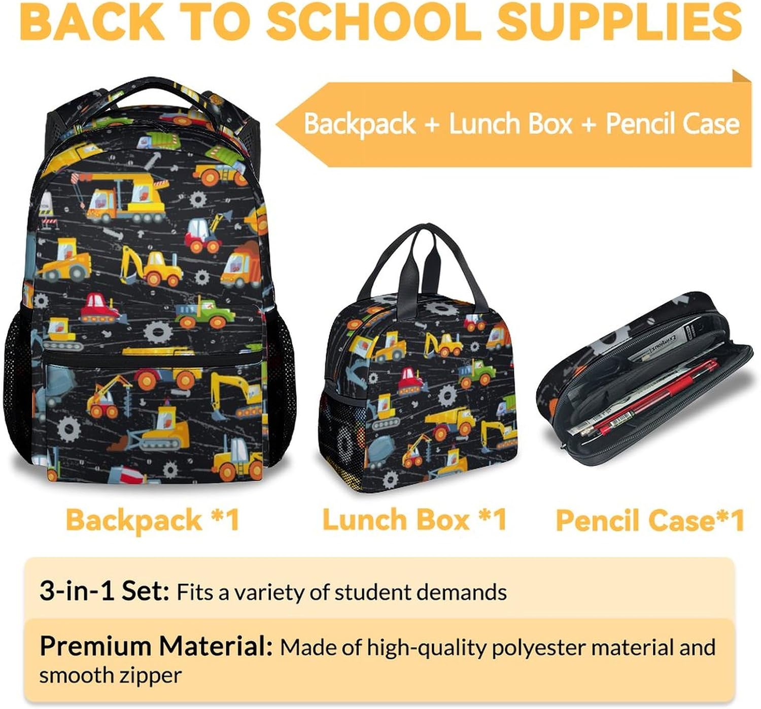 Construction Backpack with Lunch Box, Set of 3 School Backpacks Matching Combo, Cute Lightweight Truck Excavator Bookbag and Pencil Case Bundle