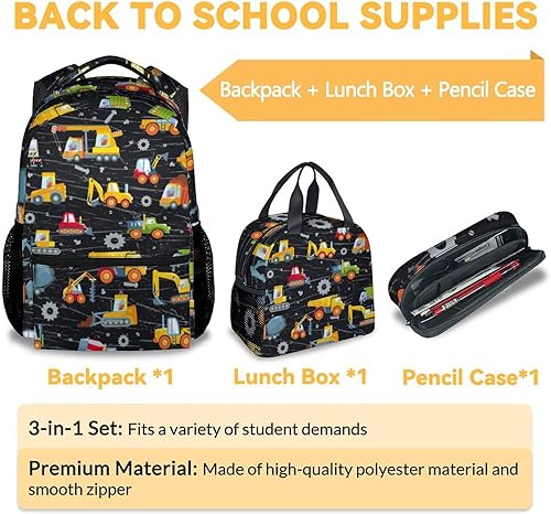 Miniatura 3 de Mochila de construcción con lonchera, juego de 3 mochilas escolares a juego, bonita bolsa ligera para excavadora de camión y estuche para lápices