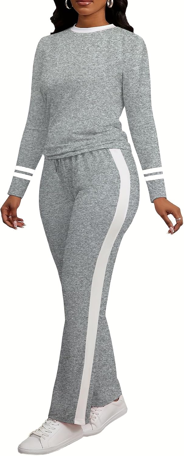 PINSV Women's 2 Piece Outfits Long Sleeve Tops Sweatpants Colorblock Bodycon Lounge Sets Tracksuits