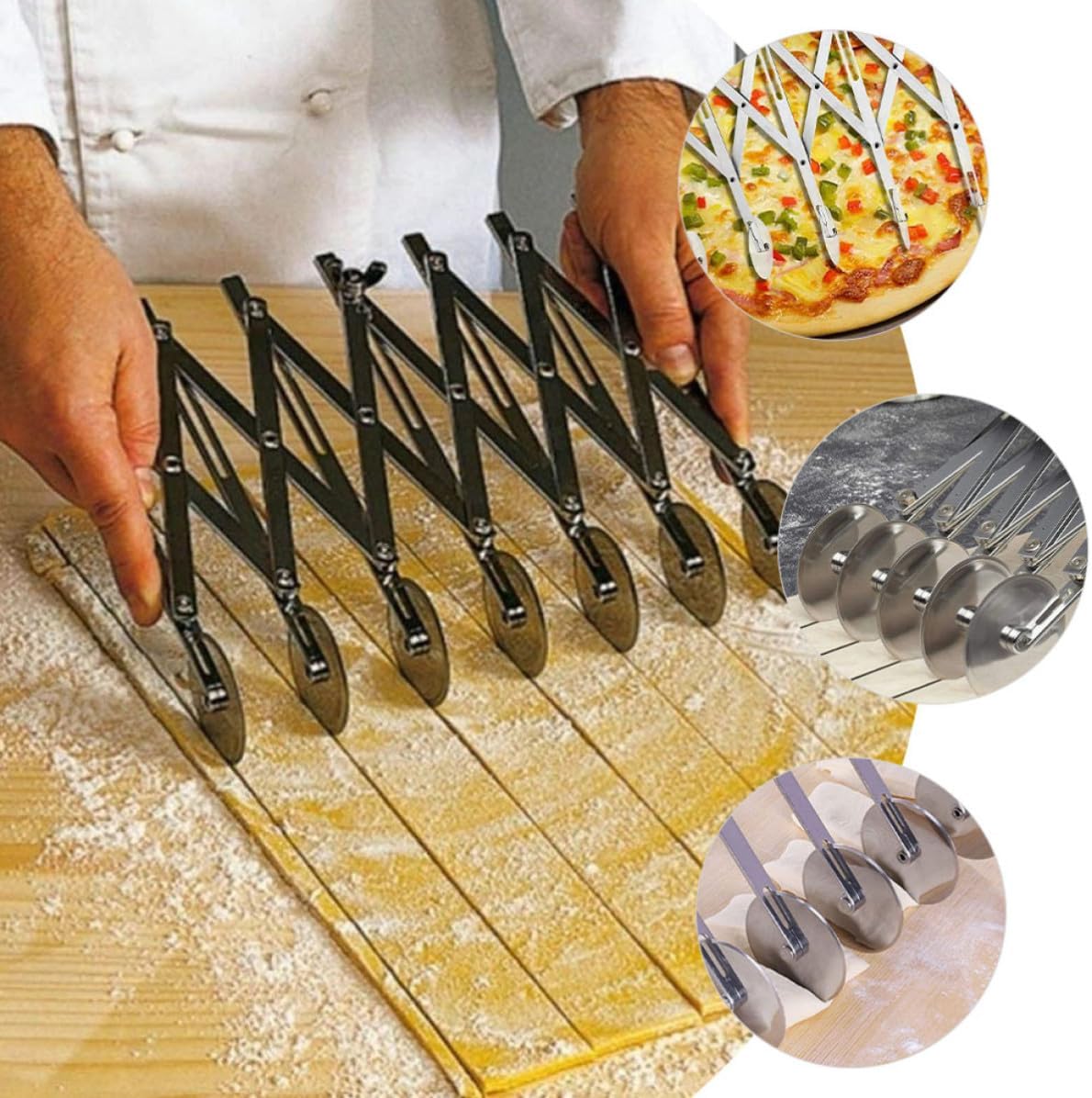 VICASKY Adjustable 5-wheel Stainless Steel Dough Cutter Pastry Wheel Pizza Cutter with Comfortable Design, Dishwasher Safe and Easy to Store for Baking and Kitchen Use