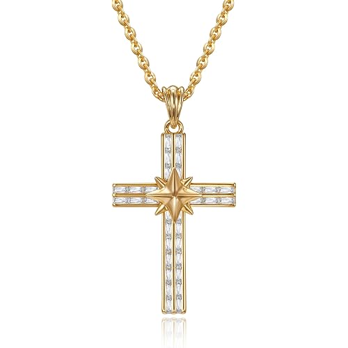 Fettero Cross Necklace Faith Pendant 14K Plated Dainty Chain Minimalist Simple Tiny God Lords Prayer Religious Jewelry