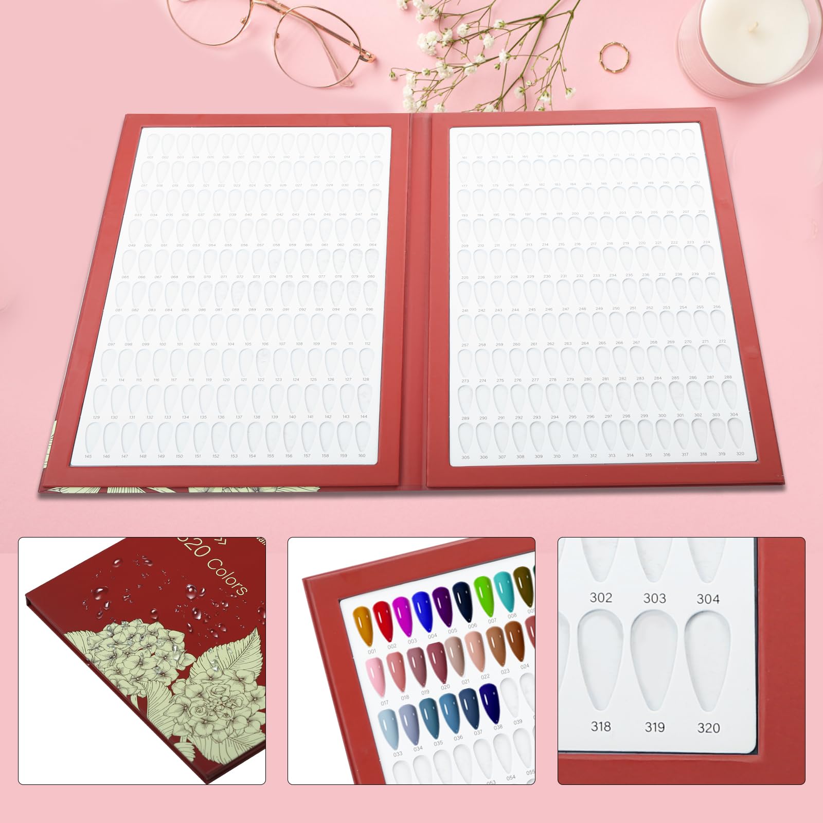 320 Nail Polish Display Book,Carta colori professionale per unghie Nail Art Nails Colour Display Book con 480 Nail Tips e 1-400 numeri adesivi,strumenti da salone per Nail Art Design (Rosso)