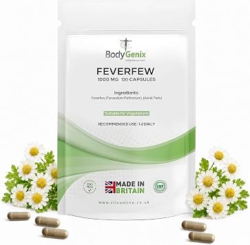 Bodygenix Feverfew 1000mg Capsules - Headaches Relief Joints Health Anti Inflammatory Natural Supplement - 120 Capsules 4 Month Supply