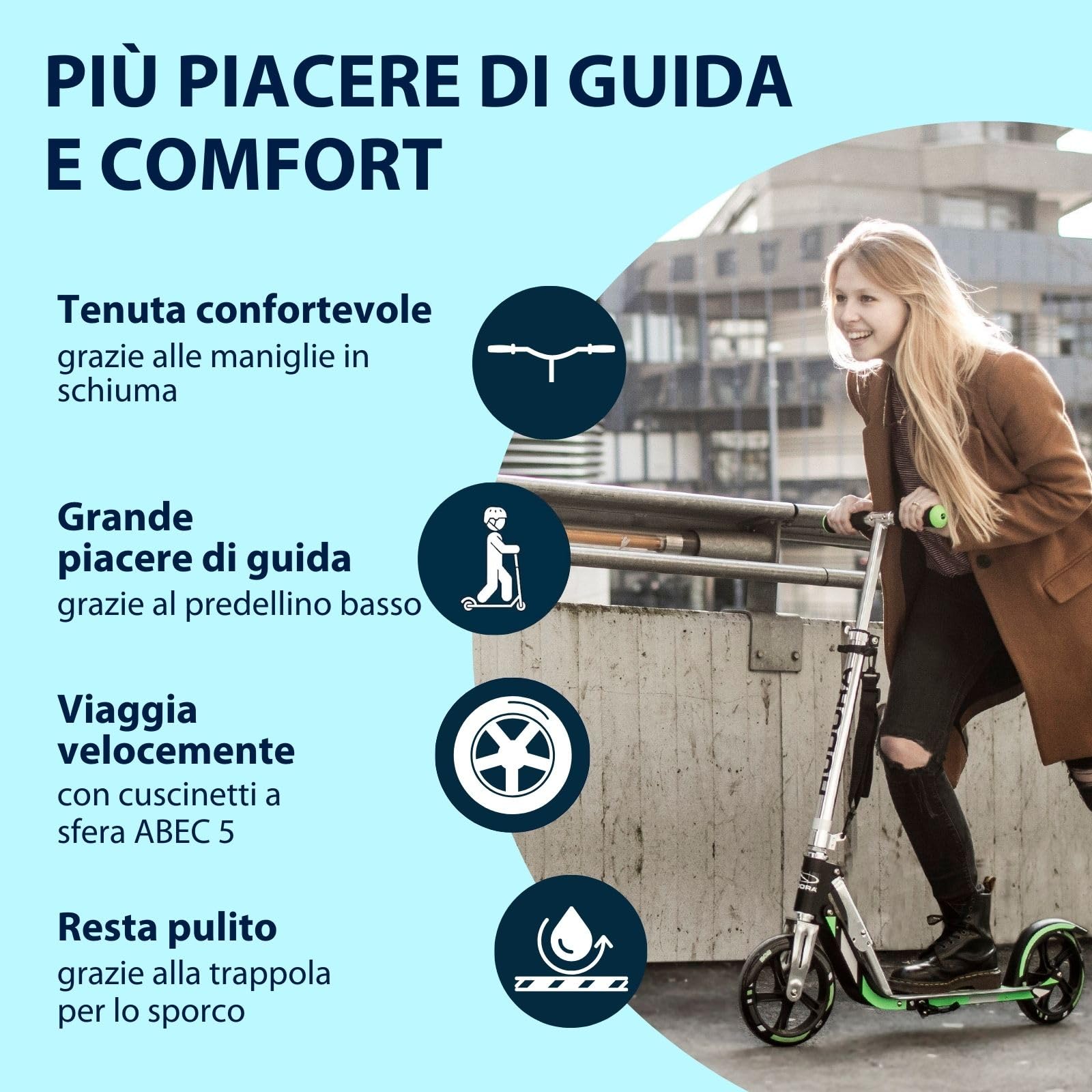 HUDORA BigWheel Scooter 205 I Robusto monopattino in alluminio I Monopattino da città regolabile in altezza e pieghevole I Monopattino per bambini e adulti fino a 100 kg