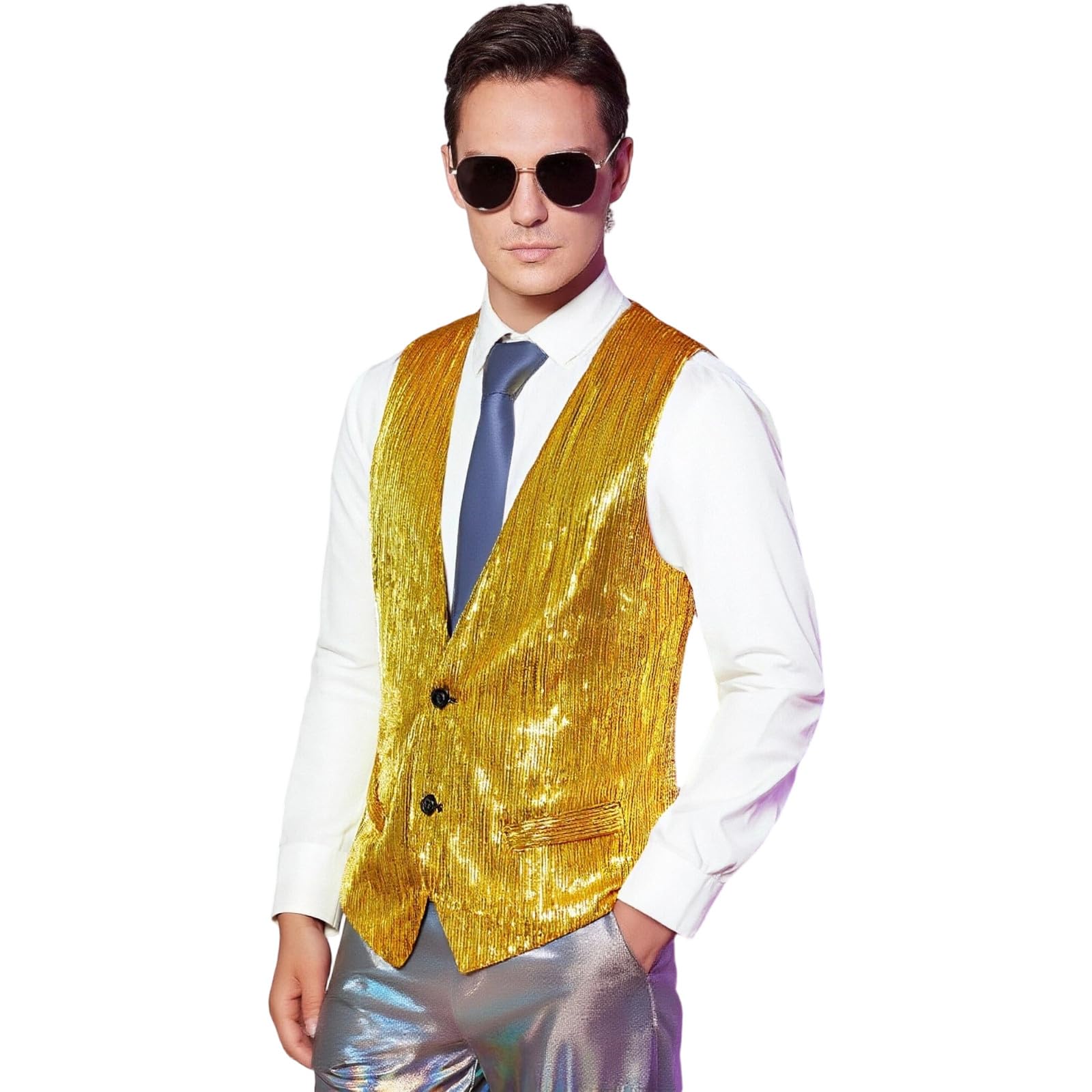 Gilet Paillettes Uomo Panciotto Elegante Costumi Glitter Giacca Lucido Slim Fit Abito Spettacolo Casual Medievale Estivo Fashion Carnevale