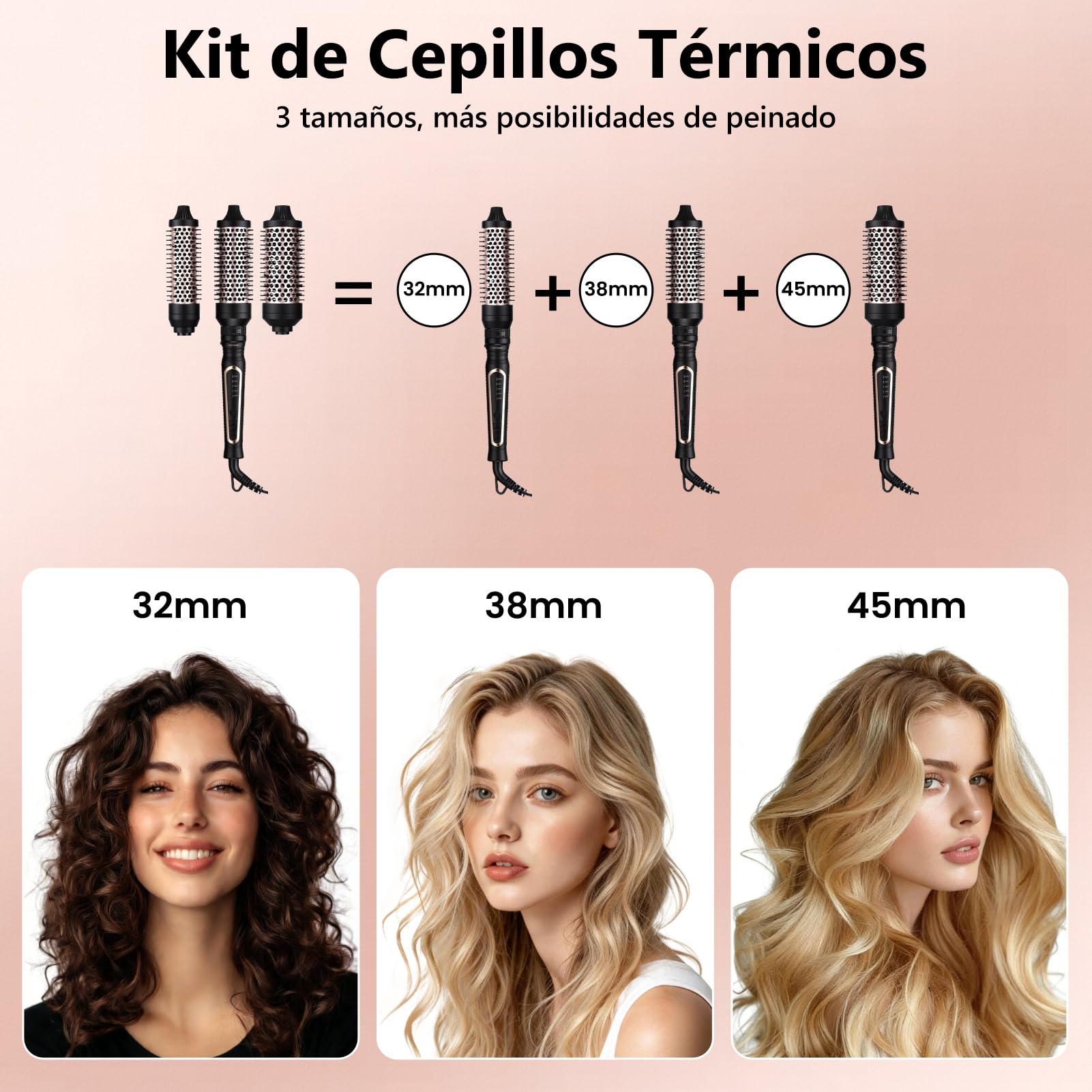 3-en-1 Cepillo Térmico — Thermal Brush (32/38/45mm), Tecnología de Iones de Cerámica-Turmalina, 5 Temperatura (150-230°C), Anti-Frizz, Ideal como Cepillo Eléctrico para el Pelo