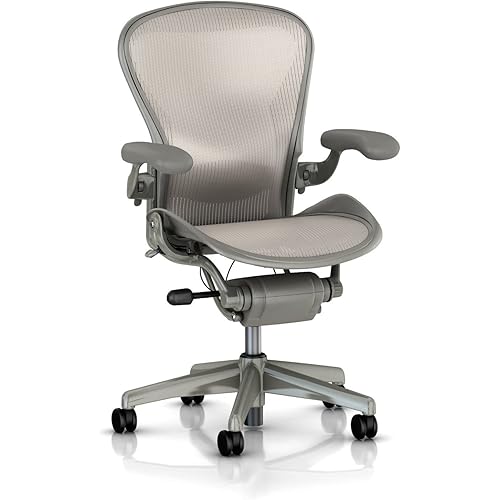 Herman Miller Aeron Chair Highly Adjustable with Lumbar Support Pad Standard Casters - Large Size (C) Titanium Smoke Light Frame, Classic Quartz Pellicle Mesh Home Office Desk Task Chair