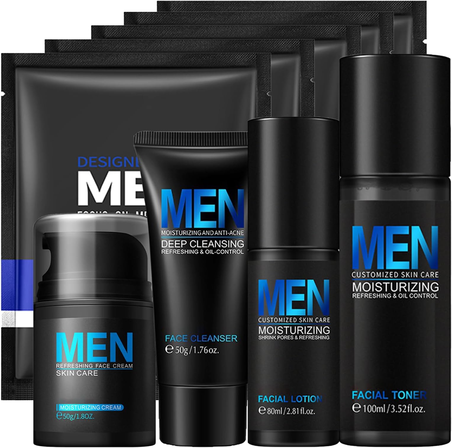 Cool Oil Control Mens Facial Care Kit, Mens Skin Care Kit With Face Wash, Moisturizer, Toner, Lotion, Face Mask, For Hydrating, Deep Cleansing, Men Skin Care Kit Gift Set For Birthday