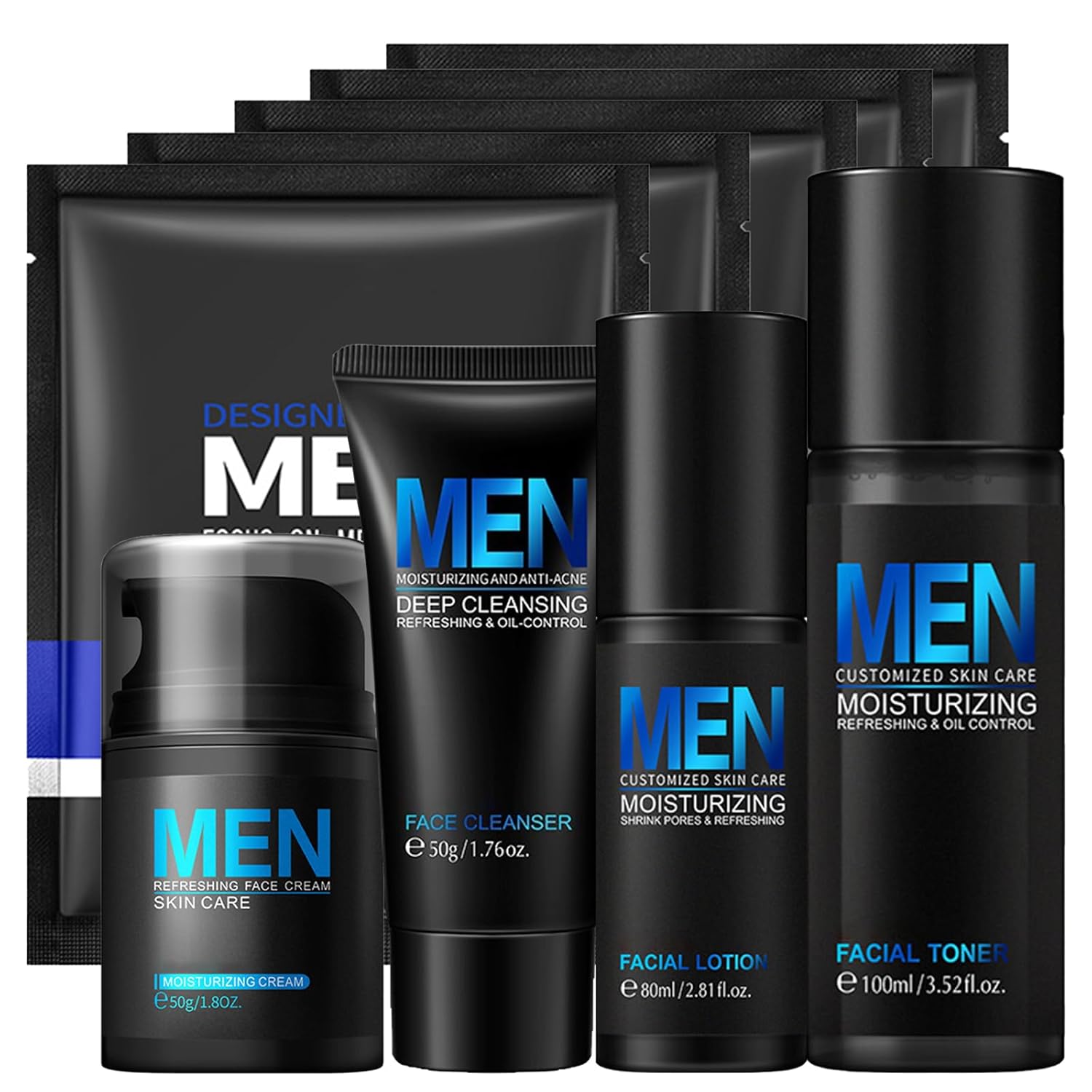 Cool Oil Control Mens Facial Care Kit, Mens Skin Care Kit With Face Wash, Moisturizer, Toner, Lotion, Face Mask, For Hydrating, Deep Cleansing, Men Skin Care Kit Gift Set For Birthday