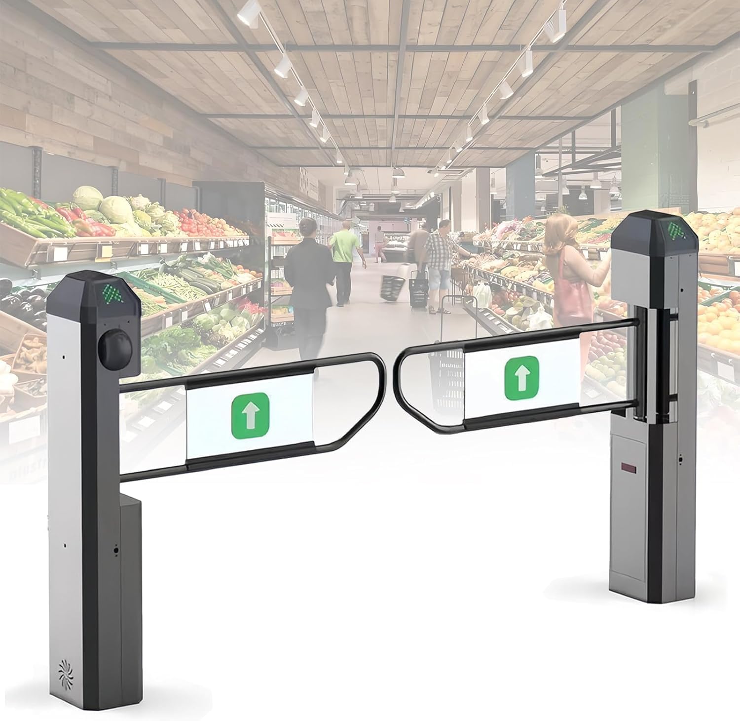 Puerta oscilante automática de radar infrarrojo, torniquete eléctrico de 90° para supermercados, sistema de entrada sin contacto, sensibilidad ajustable con luces de estado de 3 colores y aviso de voz