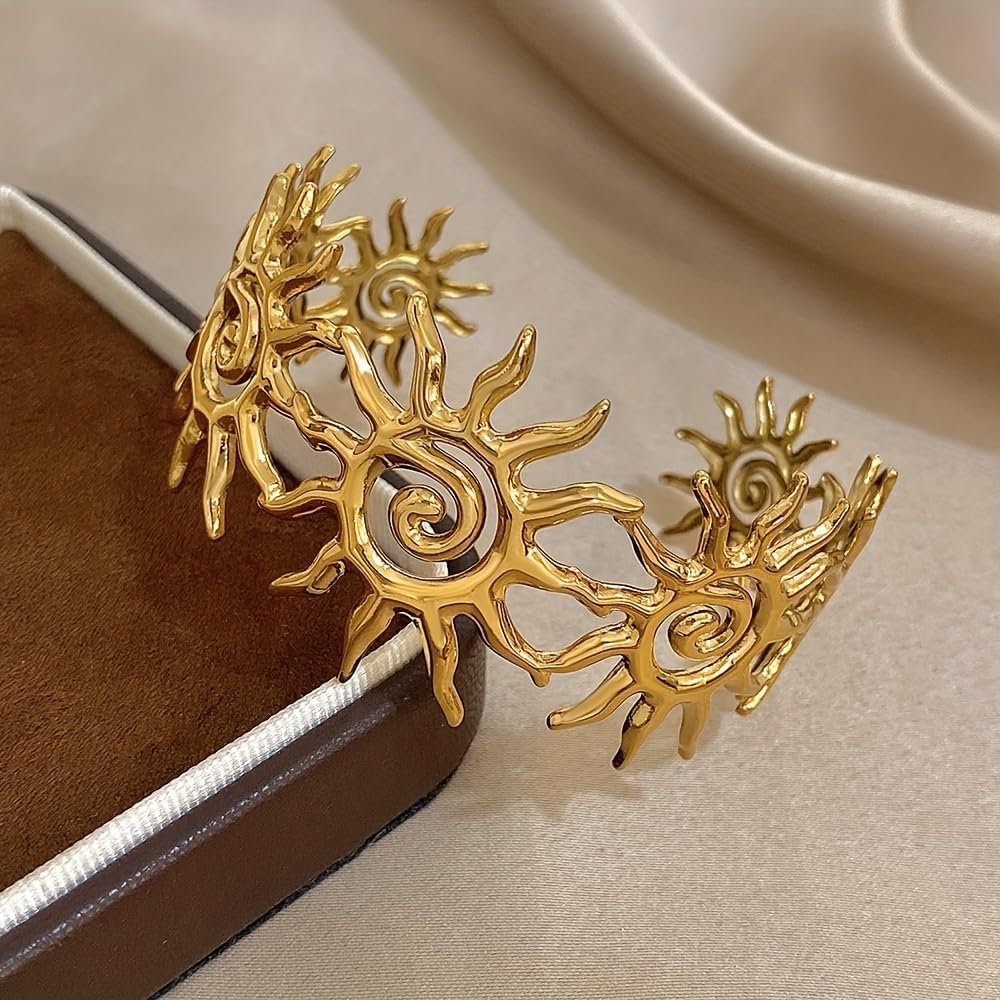Chunky Gold Sun Cuff Bracelet for Women – Boho Spiral Sun Statement Jewelry, Stainless Steel Adjustable Wide Metal Bangle for Holiday Fashion