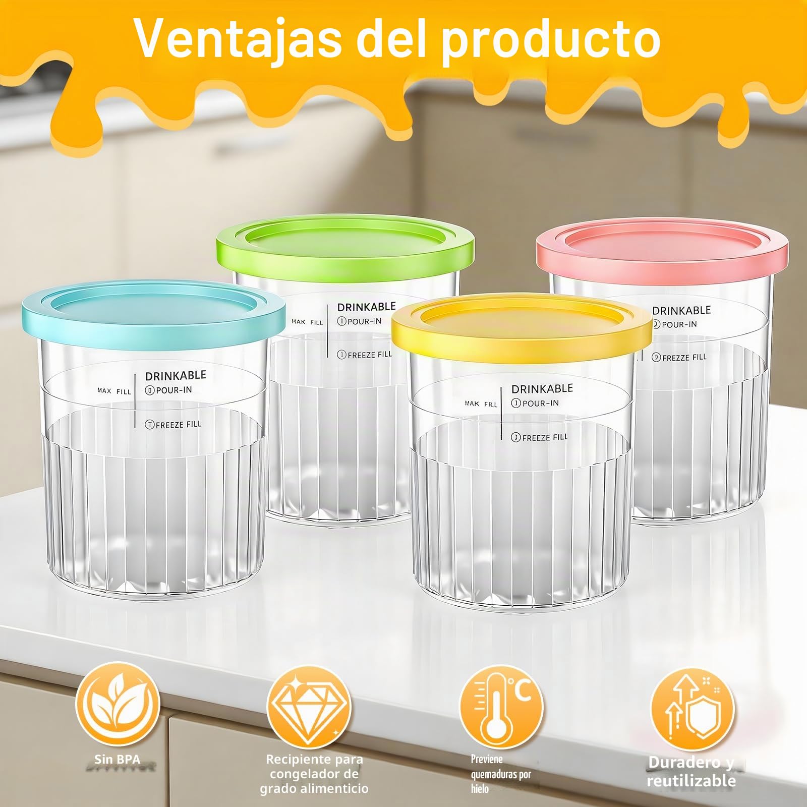 Kssvzz 4 Piezas Ninja Creami Deluxe, Recipiente para Helados con Tapa Reutilizables, Libre de BPA, Apto para Lavavajillas, 24 oz Aptos para Lavavajillas, sin BPA, con Cuchara de Aluminio (NC500)