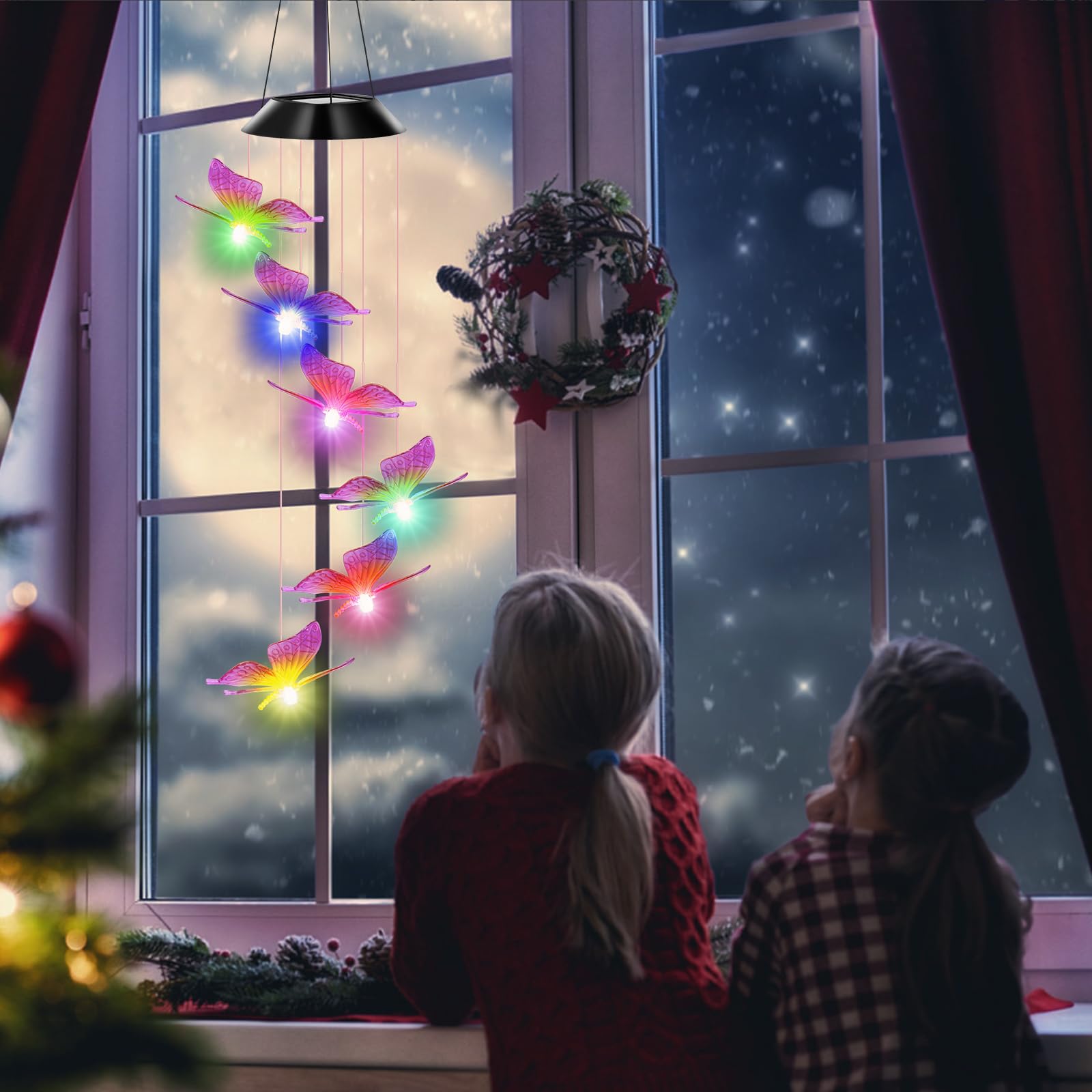 Solarne dzwonki wietrzne z motylem, zmieniające kolor LED, zasilane energią słoneczną, lampa wisząca do ogrodu, balkonu, weselu i imprez