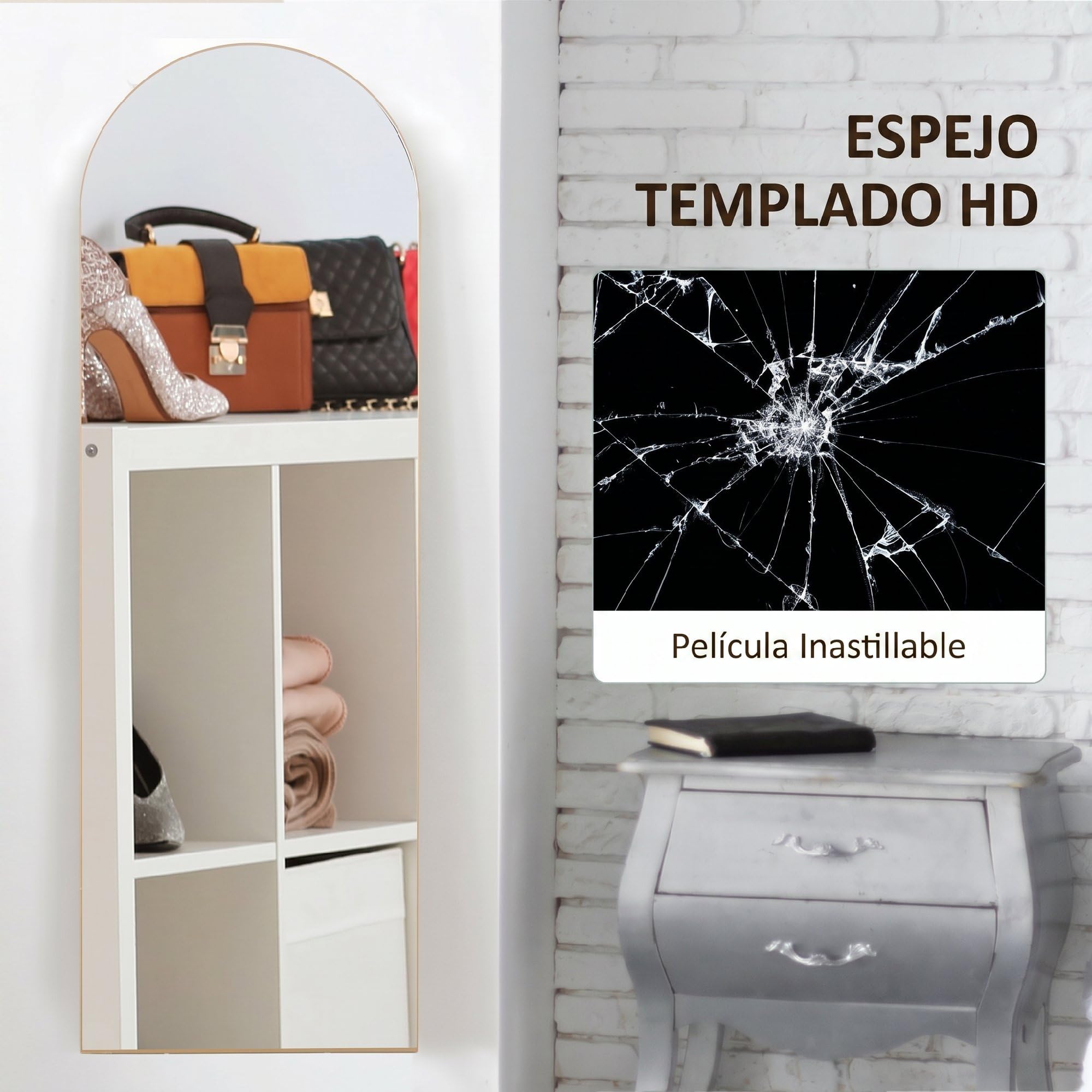 HOMCOM Espejo de Cuerpo Entero, 150x50 cm, Espejo de Pie Arqueado, Sin Marco, Independiente, Apoyado y de Pared, para Dormitorio, Salón, Dorado