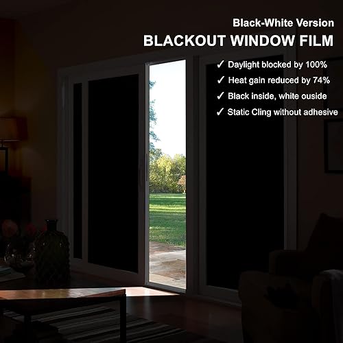 Miniatura 2 de VELIMAX Película opaca total estática para ventana, 100 % bloqueo de luz, película de vidrio de privacidad, negro dentro y blanco, oscurecimiento de