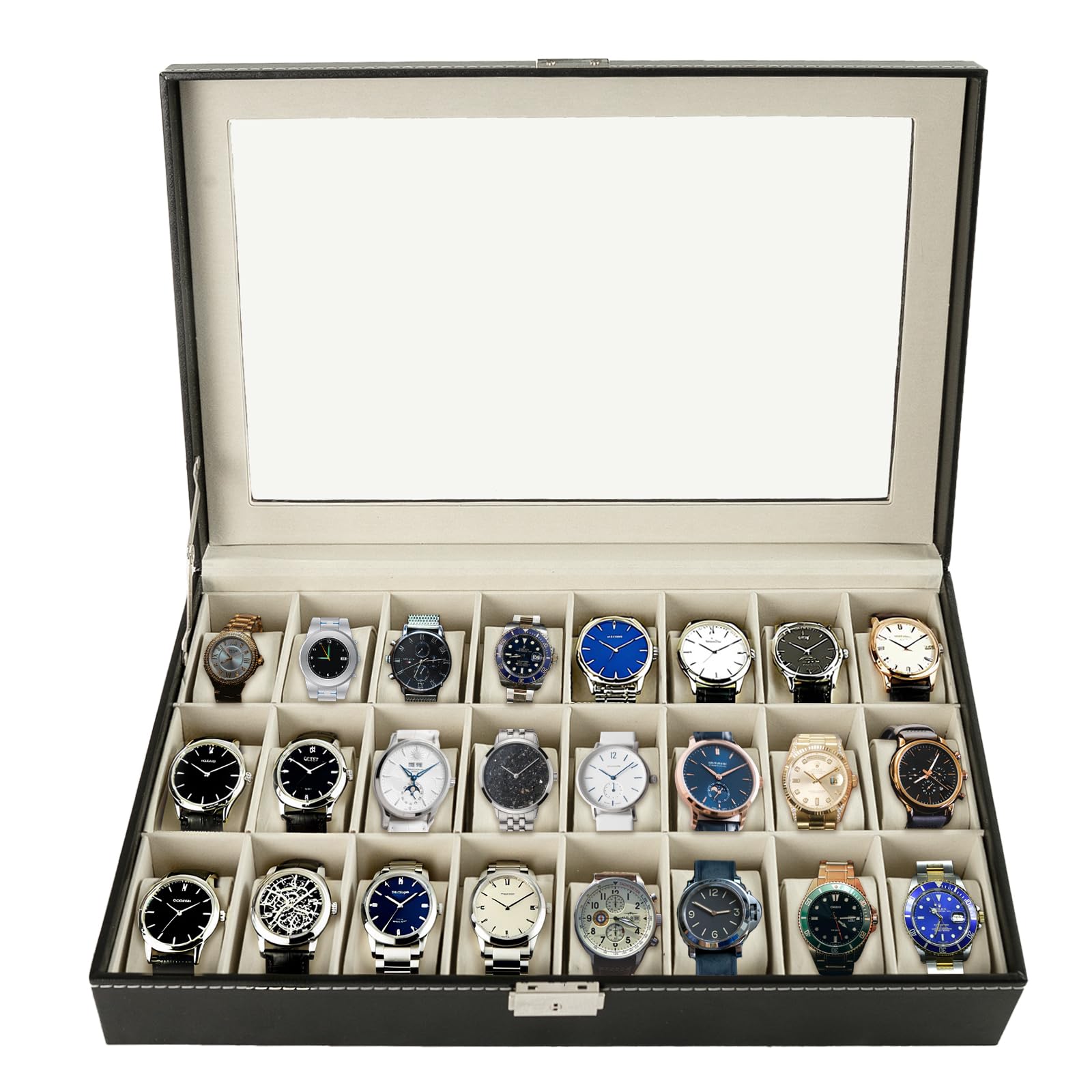 ATPEAM Uhrenbox 24, Eleganter Uhrenkasten mit Glasdeckel & Metallschloss, Uhrenkoffer mit Samt-Innenfutter, Geschenk für die Liebsten