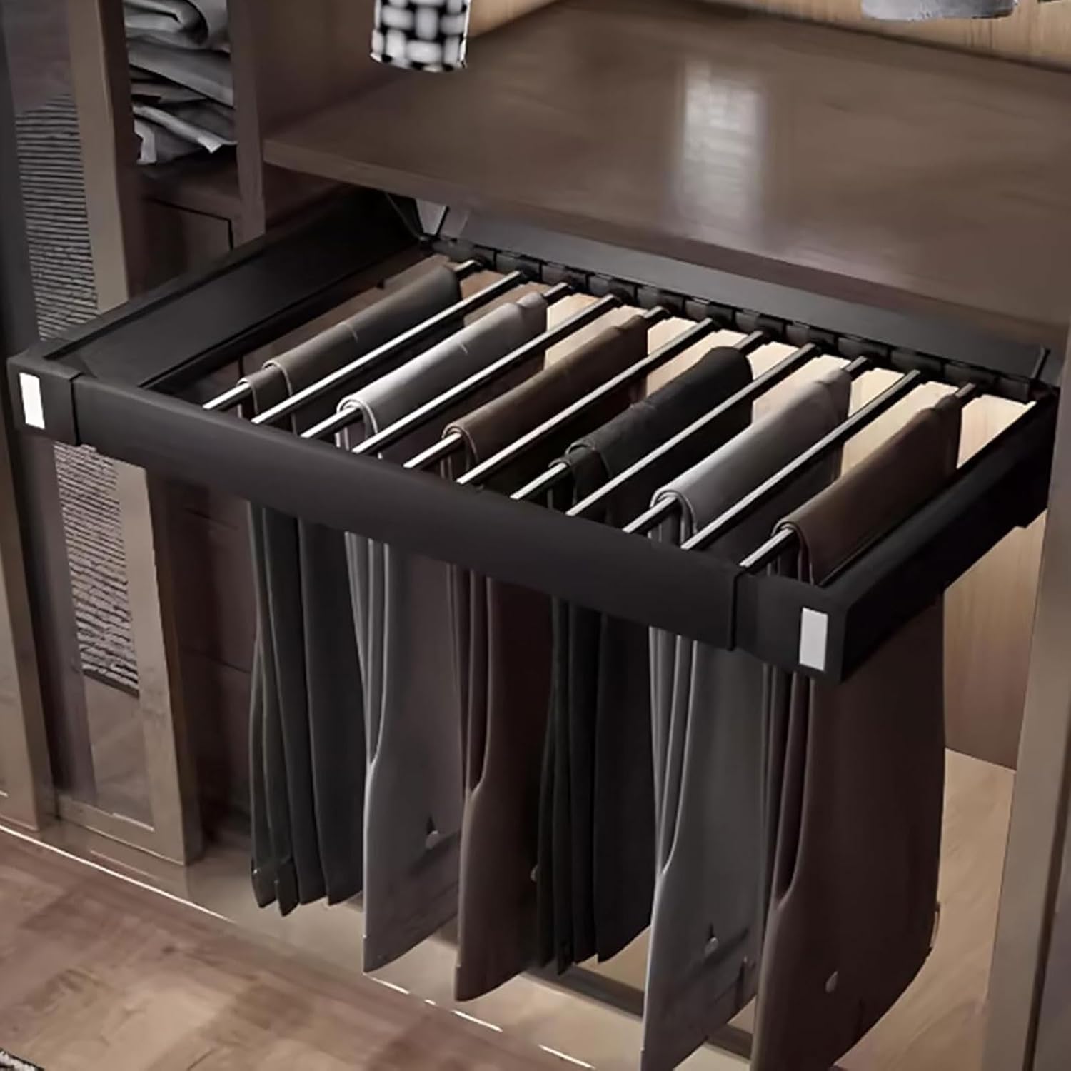 Slide Out Pants Rack Closet Hanger Bar Pull Trousers Tie Belts Scarf Racks Top Mounted Wardrobe Clothes for Closet Retractable,Retractable Pants Hanger for Closet, Space-Saving Invisible Jea