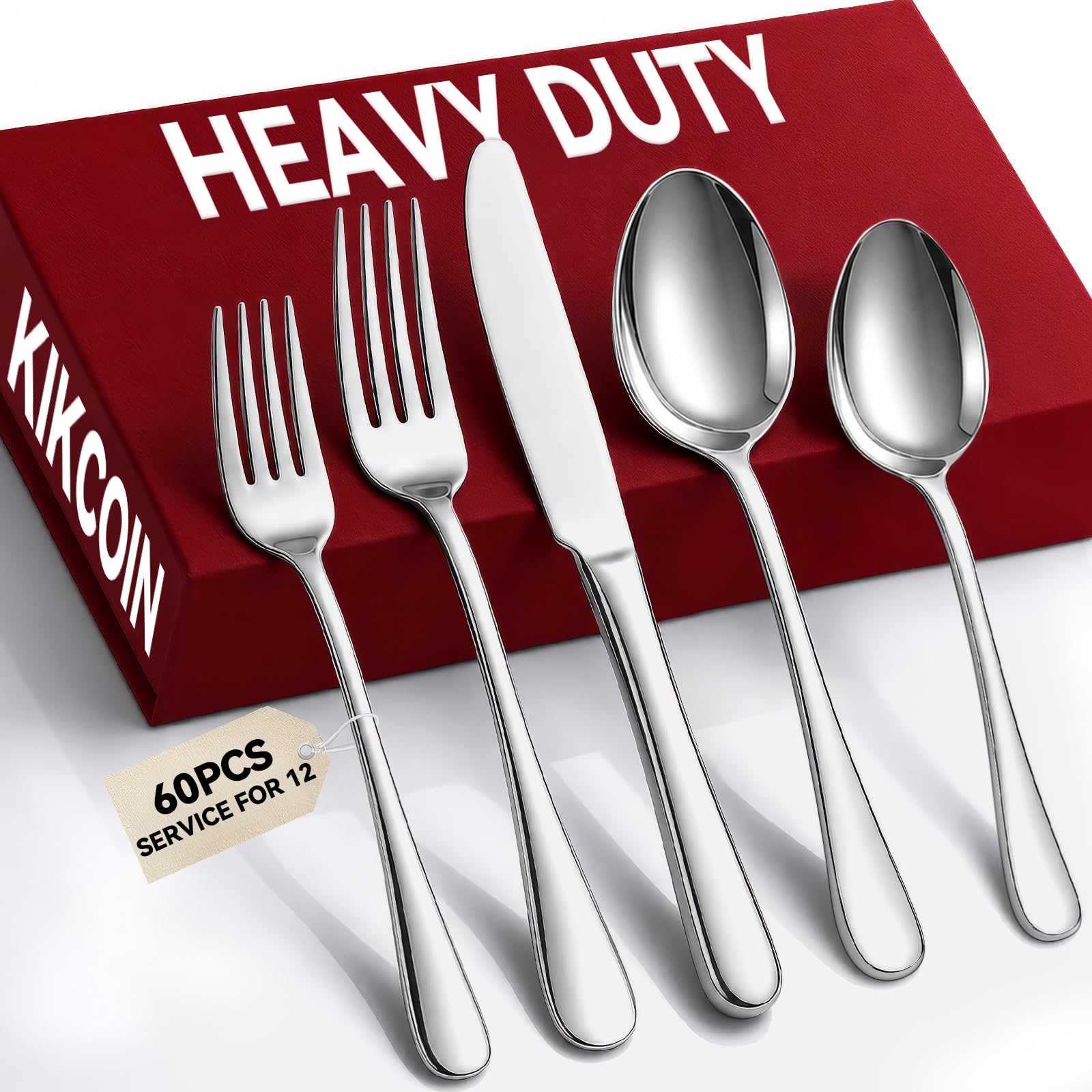 KIKCOIN Heavy Duty 60-Pack Silverware Set