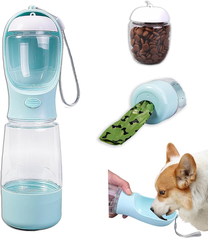 Dog Water Bottle Portable Bowl for Dog,Portable Dog Water Bottle Travel | 3-in-1 Dog Water Bottle,Stores Food and Holds Bags,Perfect for Outdoor Walks and Travel (Blue)