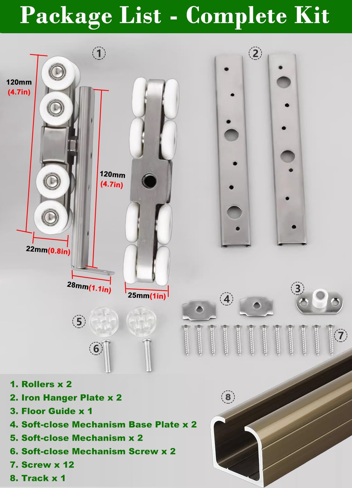 Zestaw Drzwi Przesuwnych Zestaw Wymiennych Elementów Do Prowadnic Drzwi Przesuwnych Do Szafy Z Górnym Mocowaniem, Aluminiowa Szyna Z Cichym, Podwójnym Kółkiem(Silver,208cm(82in))
