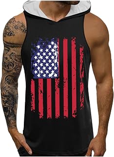 Mens T Shirt Muscle Fit Shirts for Men T Shirts for Men Uk, Mens Soft Summer Independence Day Digital 3D Flag Printing Hooded Sleeveless Vest Top T Shirt Summer Shirts for Men Gym T Shirts Men