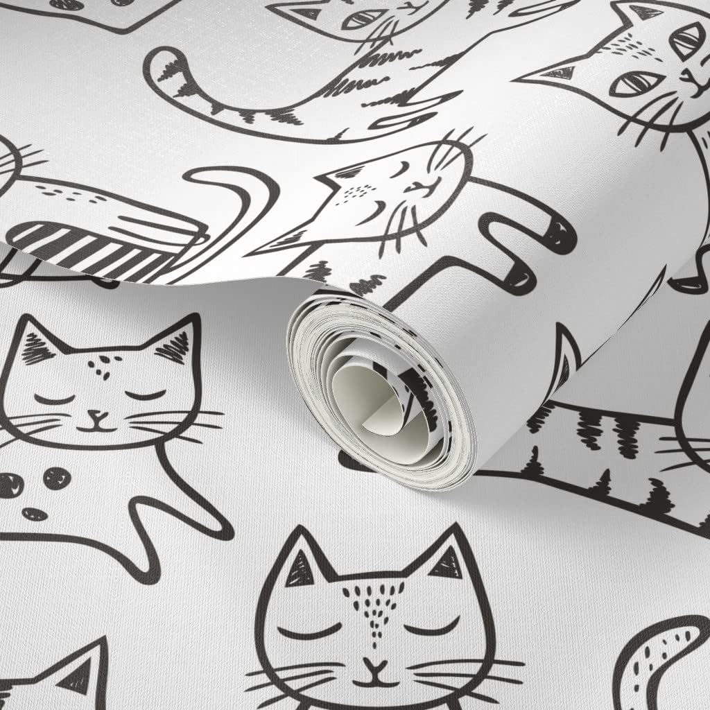 Peel & Stick Wallpaper 3ft x 2ft - Cats Stripes Kitten Geometric Cute Animals Black White Cat Kitty Custom Removable Wallpaper by Spoonflower