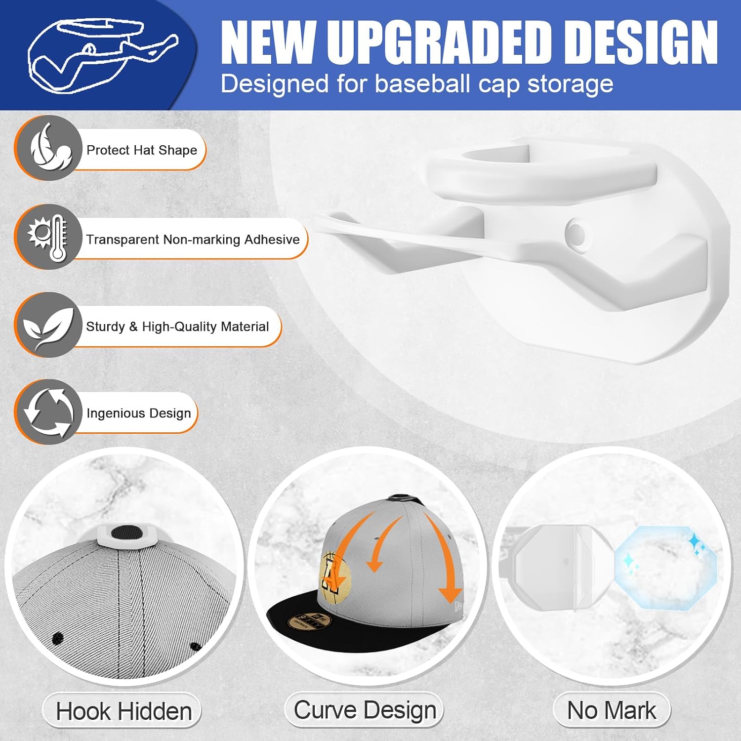Niunuerga 24 Pack Adhesive Hat Hooks for Wall, Strong Hat Rack for Baseball Caps, Hat Organizer Display for Home Decor, Hat Hold Hanger for Wall, Door, Closet, No Drilling (White)