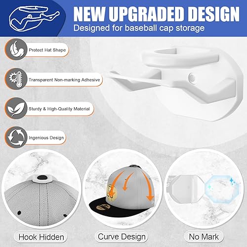 Miniatura 5 de Paquete de 24 ganchos adhesivos para sombreros para pared, perchero fuerte para gorras de béisbol, organizador de sombreros para decoración del