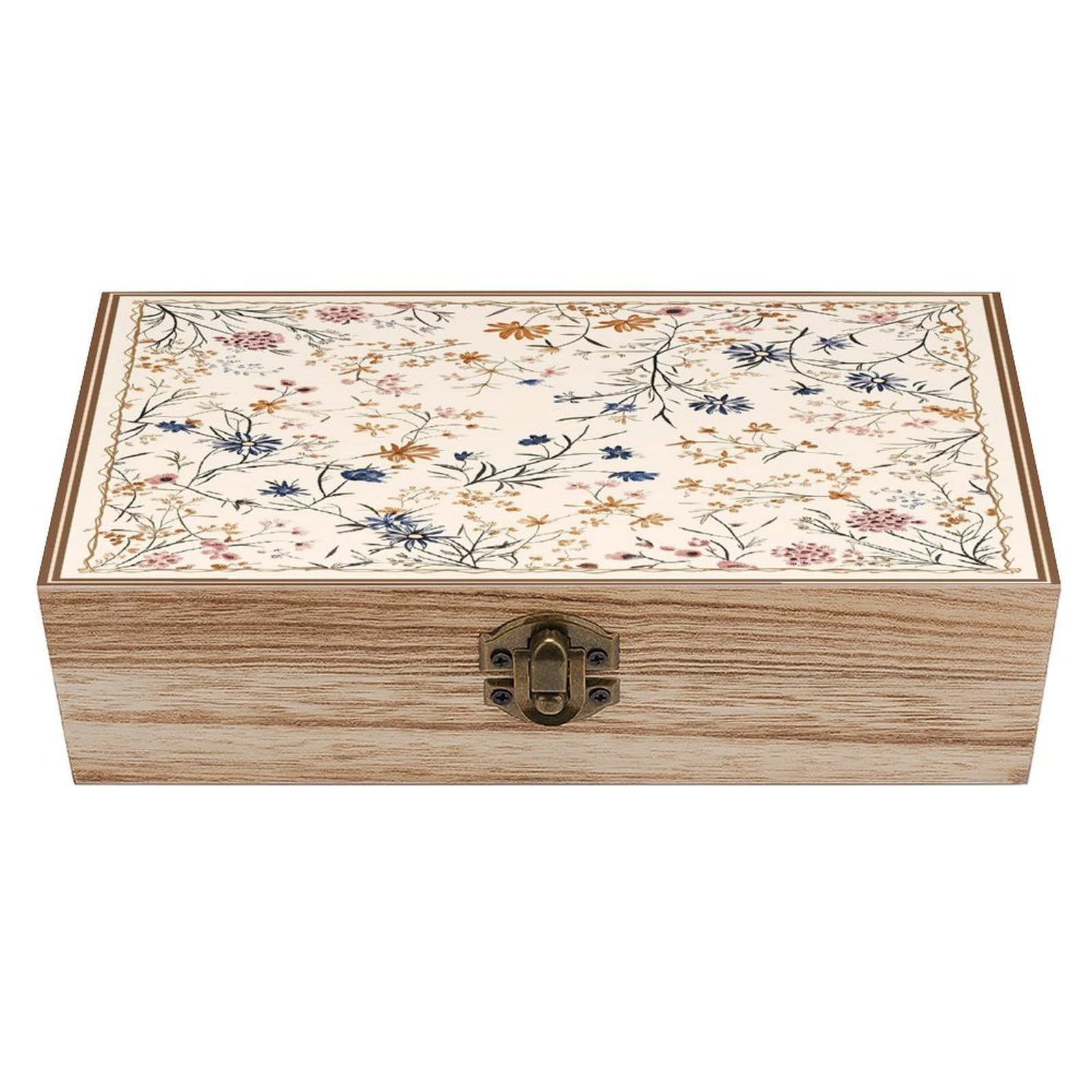 Floral With Multicolor Flowers And Leaves Vintage Wooden Keepsake Box with Hinged Lid And Locking Clasp, Decorative Storage Box for Jewelry, Trinkets And Small Accessories, Organizer for Home Or Weddi