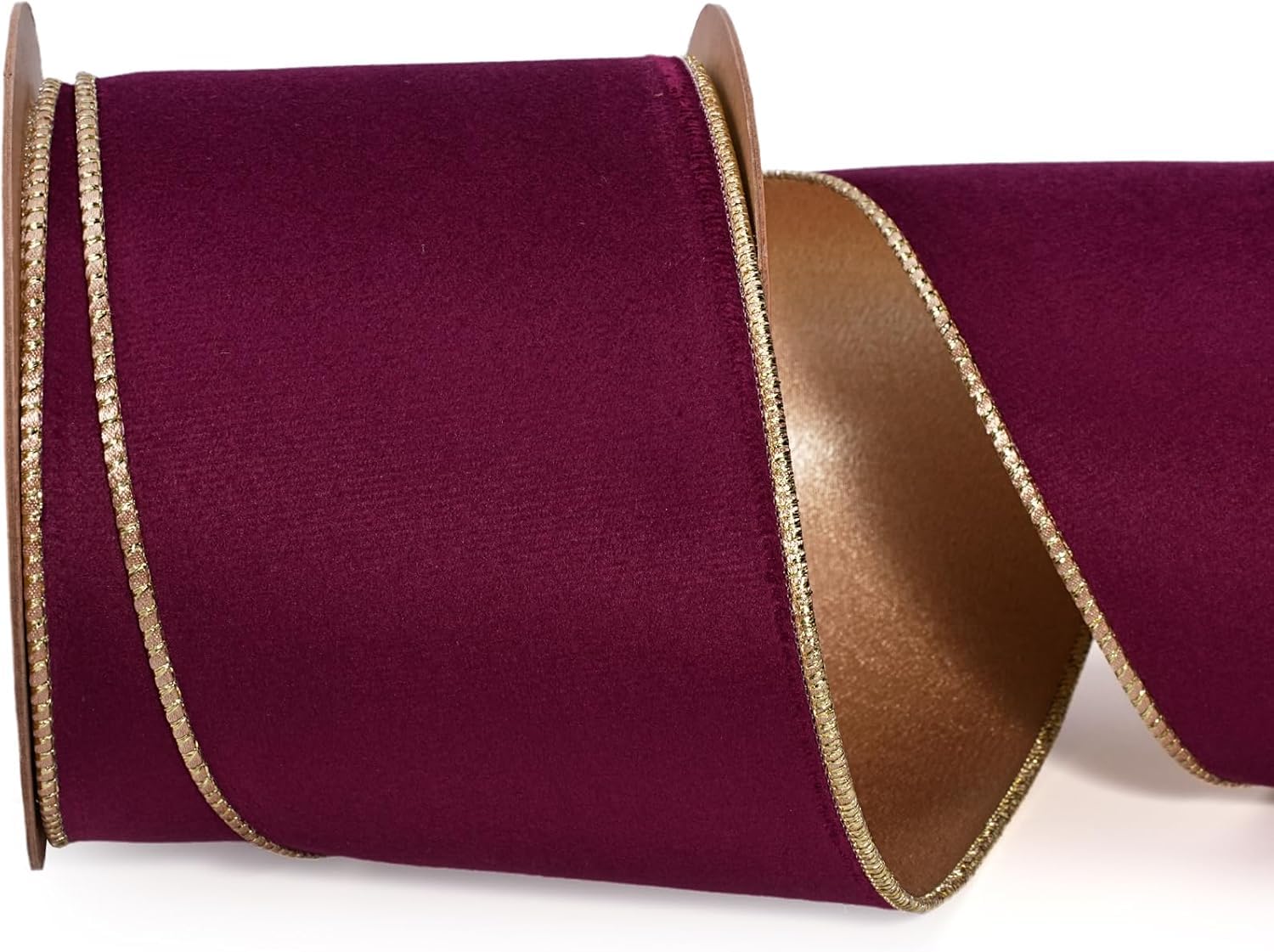 LaRibbons Burgundy Velvet Wired Ribbon, Gold Edge, Gold Satin Back, 4 Inch