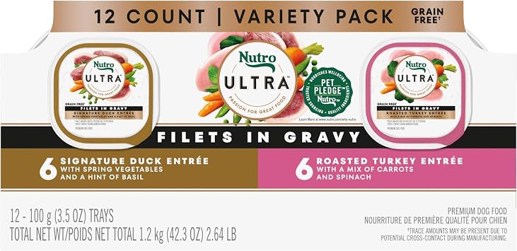 Nutro Ultra Wet Dog Food Grain Free Filets, Adult Dog Food Wet Recipe in Gravy Duck & Roasted Turkey Variety Pack, 3.5 oz. Trays 12 Count, Pack of 1