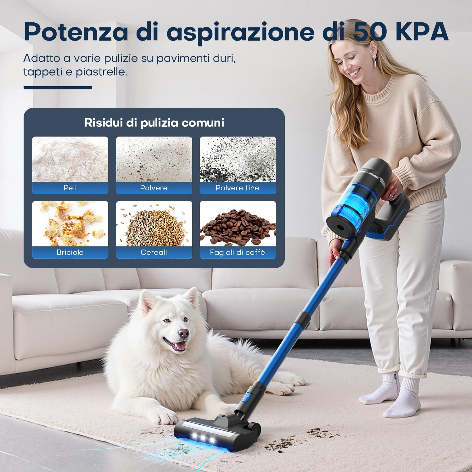 Leyvone Aspirabriciole Senza Fili, 500W/50kPa/50min, Sistema di Filtrazione a 7 Stadi, Sensore Automatico di Polvere, Motore Potenziato a Lunga Durata