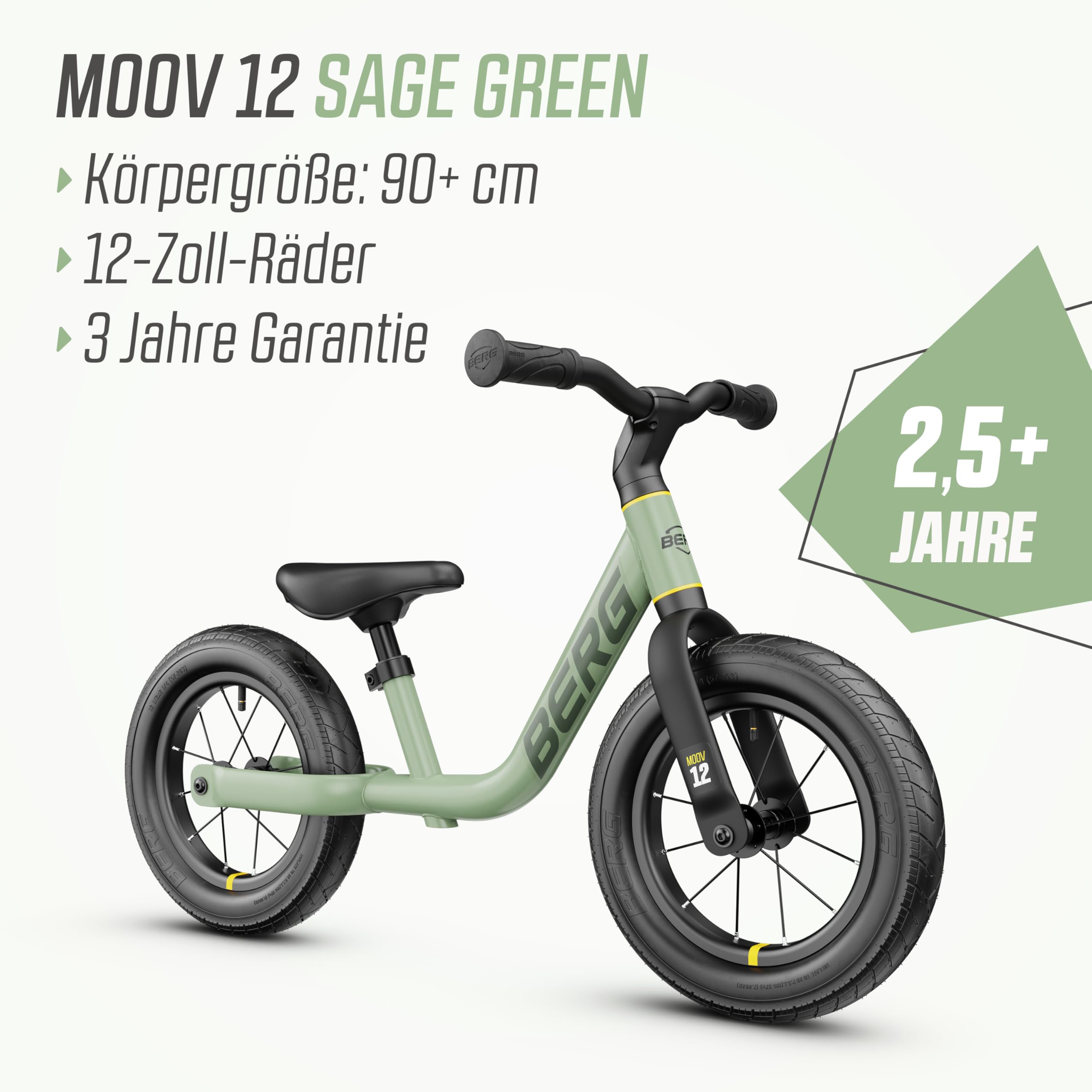 BERG MOOV 12 Laufrad | ab 2,5 Jahre | 12 Zoll | Lauflernrad bis 30 kg mit Luftreifen | Lenkrad und Sattel Höhenverstellbar