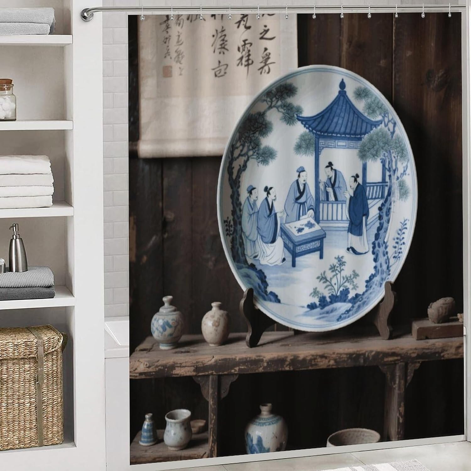 Blue and White Porcelain Shower Curtain Set 4 Piece, Non-Slip Bath Mat with Toilet Lid Cover and Waterproof Shower Curtain with 12 Hooks, Complete Bathroom Set for Home Decor