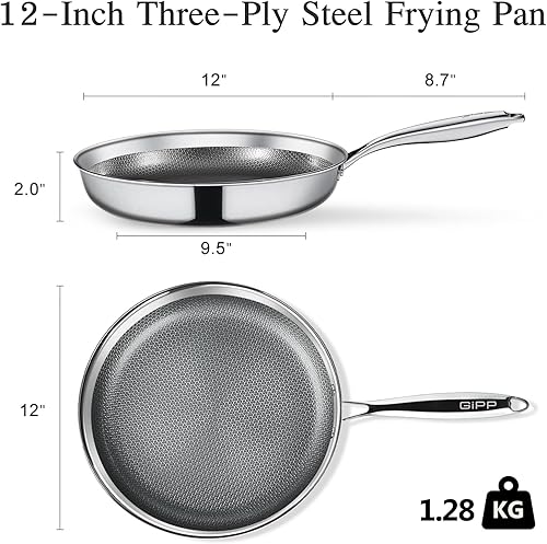 Miniatura 3 de GiPP Sartén de acero inoxidable de tres capas, sartenes híbridas de 12 pulgadas, antiadherentes, aptas para lavavajillas y horno, listas para
