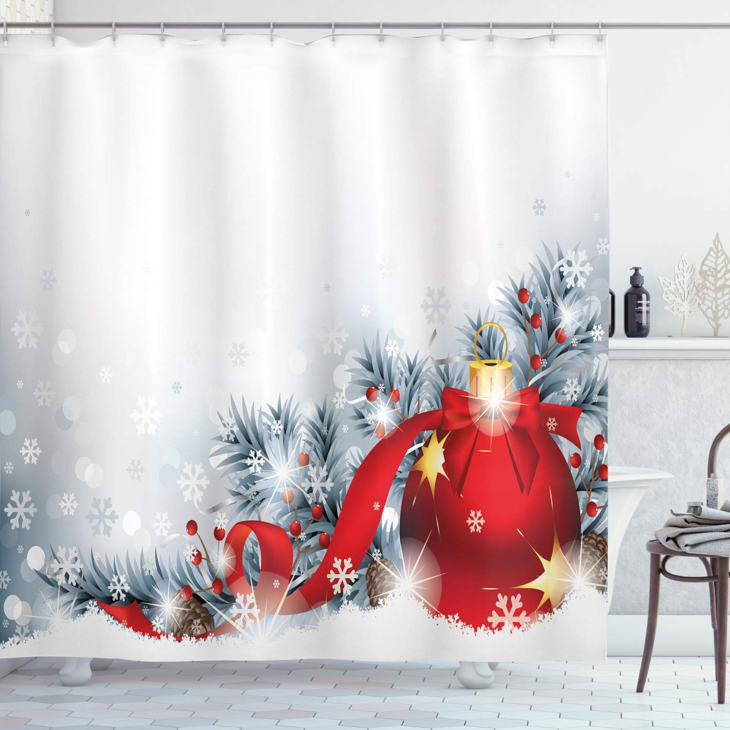 Rideau De Douche De Noël ABAKUHAUS - 175 X 240 Cm, Tissu Polyester, Motif Bonhommes De Neige Et Sapins - Avec Crochets, Rouge Sarcelle Blanc