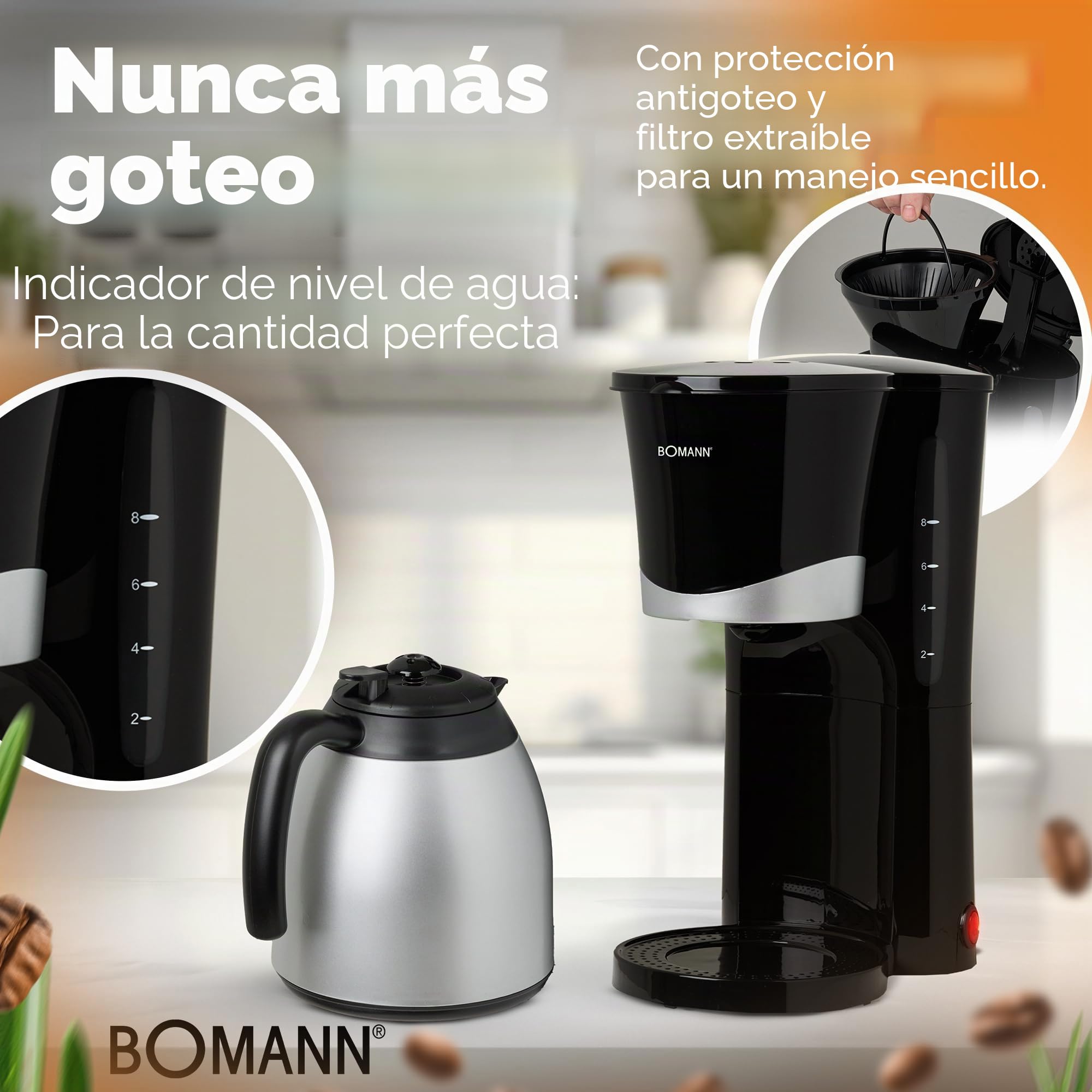 Bomann® Cafetera para 8-10 tazas de café de filtro, cafetera con jarra térmica, parada por goteo y desconexión automática, filtro extraíble, indicador de nivel de agua aprox. 1 litro - KA 168 CB negro