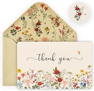 Artoid Mode 24 Pack Wildflower Thank You Cards Vintage Flower Greeting Cards Gift With Envelope Sticker Blank Note Cards for Birthday Wedding Baby Shower Bridal Shower, 4 x 6 Inch